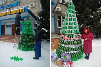 В Усть-Каменогорске появилась экологическая елка из пластиковых бутылок